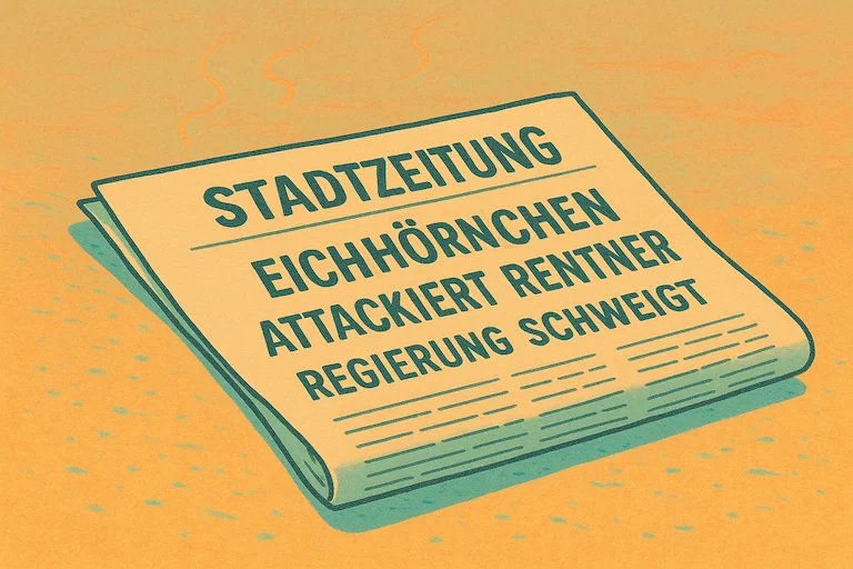 Eine Stadtzeitung liegt auf heißem Asphalt. Die Schlagzeile lautet: 'Eichhörnchen attackiert Rentner. Regierung schweigt.'