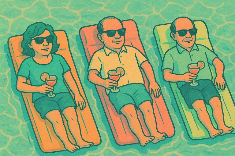 Top-Down-Blick auf einen Swimmingpool, in dem Politikerinnen und Politiker auf bunten Luftmatratzen treiben – Sonnenbrille, Drinks, völlige Entspannung.