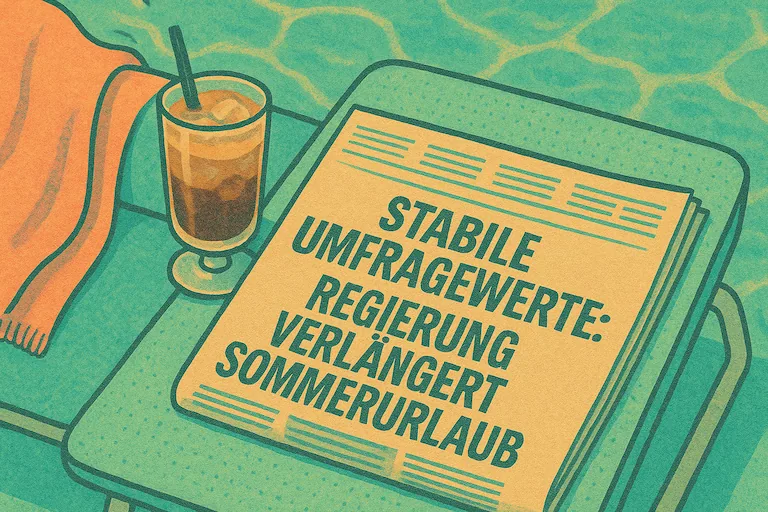 Ein Iced Coffee, ein Handtuch und eine Zeitung auf einer Poolliege. Schlagzeile: 'Stabile Umfragewerte: Regierung verlängert Sommerurlaub.'