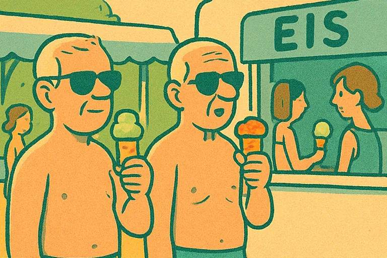 Zwei ältere Männer stehen im Freibad vor einem Eiswagen und essen Eis. Beide tragen Sonnenbrillen und Badehosen. Hinter ihnen steht eine kleine Schlange vor dem Wagen.