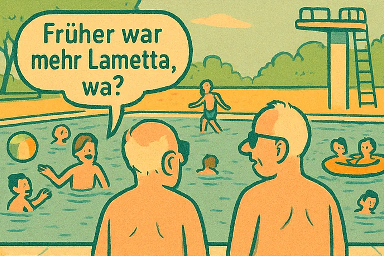 Die beiden Männer sitzen mit dem Rücken zur Kamera am Rand des Schwimmbeckens. Kinder spielen im Wasser mit Bällen und Luftmatratzen. Eines sagt: 'Früher war mehr Lametta, wa?' Der andere antwortet: 'Heut macht ja keiner mehr Radau!'