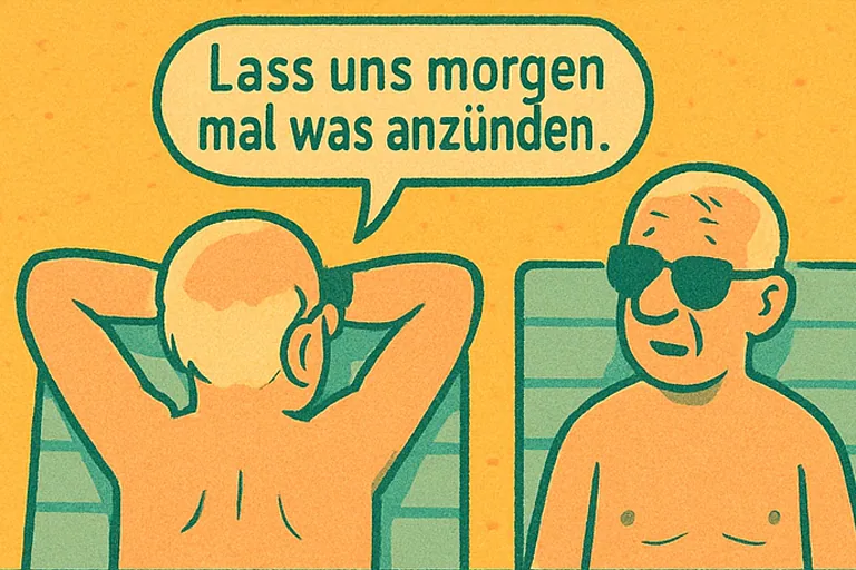 Beide Männer liegen auf Sonnenliegen im Freibad. Einer hat die Arme hinter dem Kopf verschränkt. Sprechblase: 'Lass uns morgen mal was anzünden...'