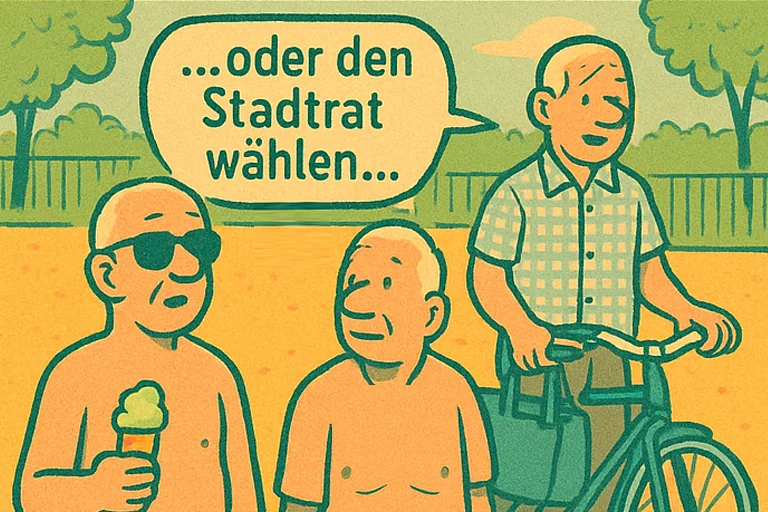 Die beiden Männer verlassen das Freibad. Einer dritter auf dem Fahrrad. Sprechblase: '...oder den Stadtrat wählen.'