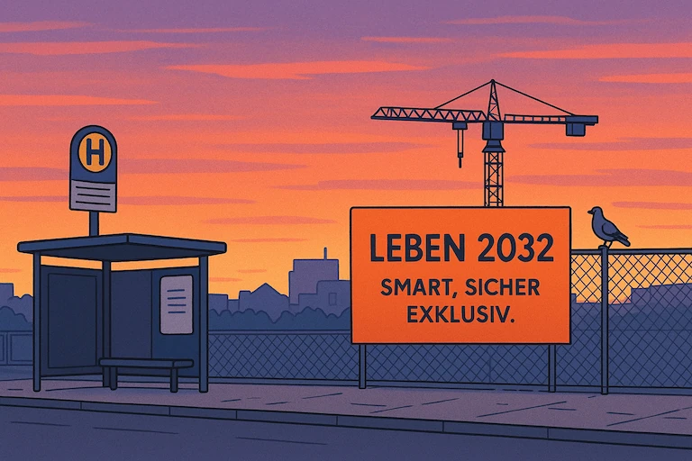 Eine verlassene Bushaltestelle bei Sonnenaufgang. Am Zaun einer Baustelle hängt ein orangefarbenes Werbeplakat: 'LEBEN 2032. SMART, SICHER, EXKLUSIV.' Eine Taube sitzt auf dem Zaun.
