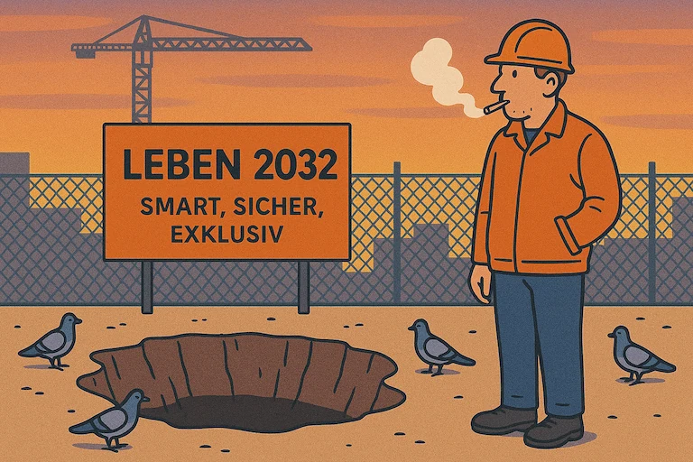 Ein Bauarbeiter steht rauchend an einer Baugrube hinter dem Zaun. Mehrere Tauben laufen umher. Im Hintergrund das Plakat und ein Kran.