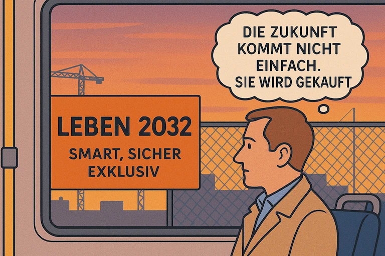 Ein Mann sitzt im Bus und schaut aus dem Fenster auf das Plakat. In seiner Denkblase steht: 'Die Zukunft kommt nicht einfach. Sie wird gekauft.'