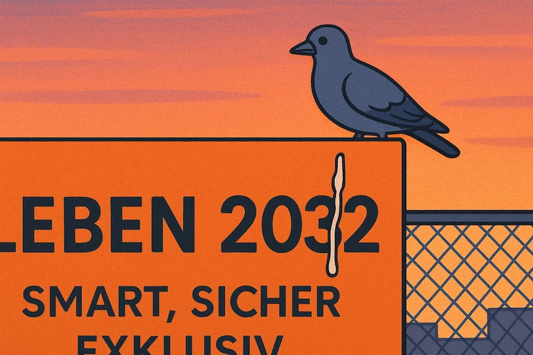 Eine Nahaufnahme des Plakats: Eine Taube sitzt auf dem Schild und kackt genau auf das Wort 'LEBEN'.