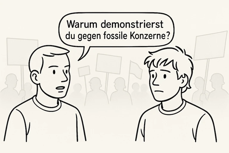Zwei Demonstrierende stehen einander gegenüber. Einer fragt: 'Warum demonstrierst du gegen fossile Konzerne?'