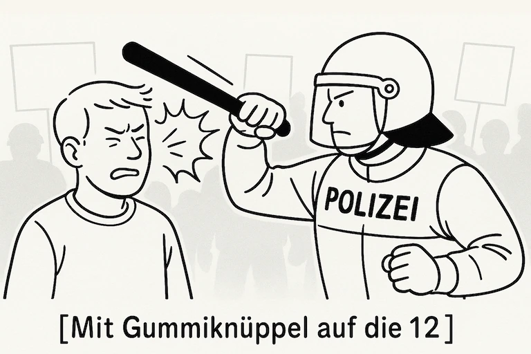 Ein Polizist in Kampfmontur schlägt einem der beiden Demonstrierenden mit einem Gummiknüppel auf den Kopf. Unter dem Panel steht: '[Mit Gummiknüppel auf die 12]'.