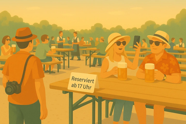 Ein Touristenehepaar mit Bierkrügen sitzt an einem Tisch mit Schild 'Reserviert ab 17 Uhr'. Ein Mann mit Kamera betrachtet sie von der Seite.
