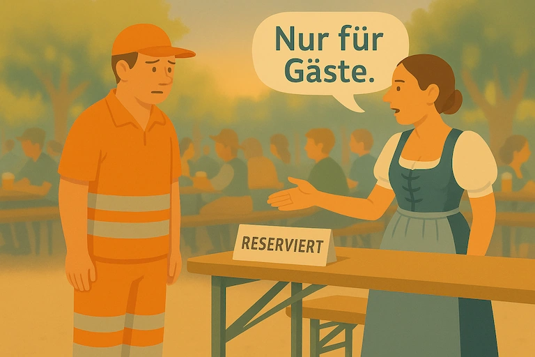 Eine Bedienung in Dirndl weist einen städtischen Arbeiter mit den Worten 'Nur für Gäste' ab. Auf dem Tisch liegt ein 'Reserviert'-Schild.