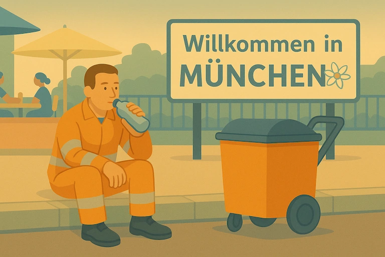 Der Arbeiter sitzt erschöpft auf einem Bordstein und trinkt Wasser. Neben ihm steht eine Mülltonne. Im Hintergrund ein Schild: 'Willkommen in München'.