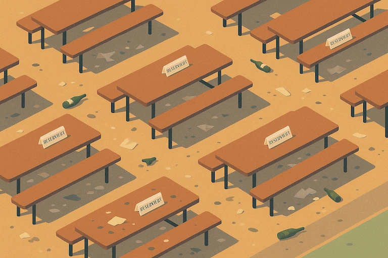 Ein Überblick über viele leere Bierzeltgarnituren mit 'Reserviert'-Schildern. Überall liegen Scherben, Müll und leere Flaschen.