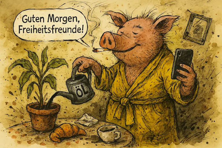 Herr Schwein steht im Bademantel in einem unordentlichen Wohnzimmer und gießt eine Zimmerpflanze mit Motoröl, während er sich selbst mit dem Handy filmt. Die Sprechblase sagt: 'Guten Morgen, Freiheitsfreunde!'