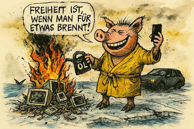 Herr Schwein steht grinsend auf einem schmelzenden Gletscher vor einem Lagerfeuer aus Elektroschrott. Daneben sein SUV. Er filmt sich selbst und sagt: 'Freiheit ist, wenn man für etwas brennt!'