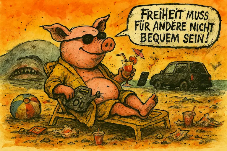 Herr Schwein liegt entspannt an einem verschmutzten Strand voller Müll. Ein gestrandeter Wal liegt im Hintergrund. In seiner Sprechblase steht: 'Freiheit muss für andere nicht bequem sein!'
