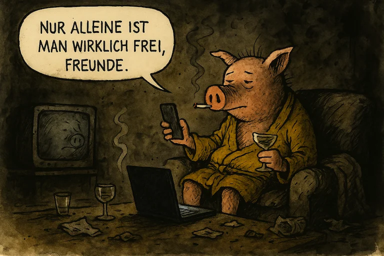 Herr Schwein sitzt nachts alleine im Bademantel vor einem Laptop. Der Raum ist dunkel, das Licht kommt nur vom Bildschirm. Die Sprechblase sagt: 'Nur alleine ist man *wirklich* frei, Freunde!'