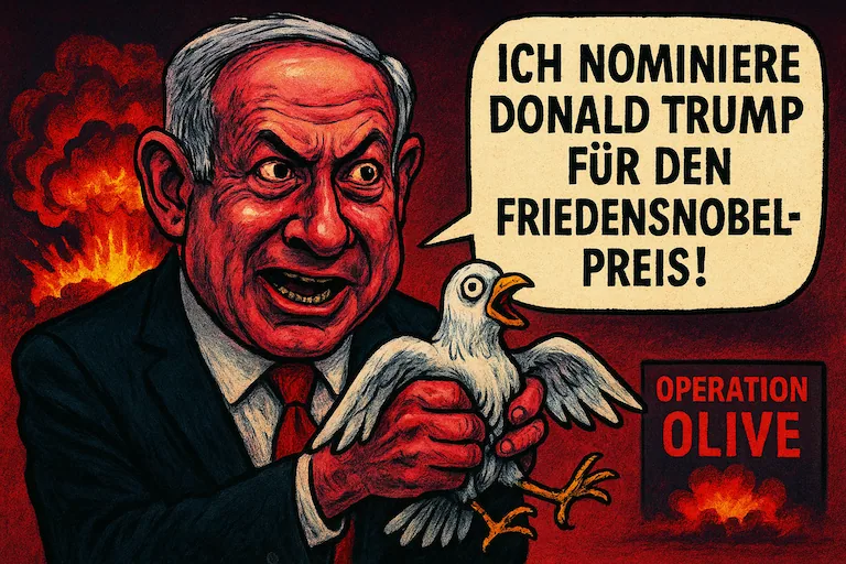 Netanjahu grinst fanatisch und hält eine panische Taube im Würgegriff. Im Hintergrund eine Explosion mit der Aufschrift 'OPERATION OLIVE'.