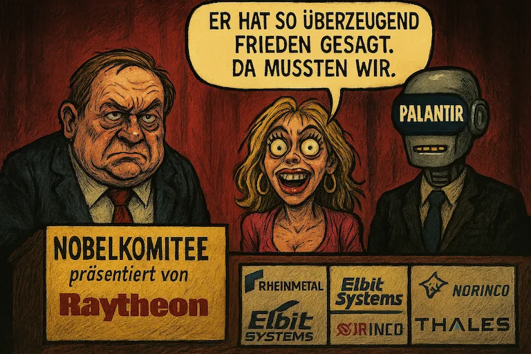 Ein groteskes Nobelkomitee sitzt an einem Tisch mit Sponsorenlogos von Rüstungsfirmen. Ein Roboter mit Palantir-Logo im Gesicht sitzt ganz rechts. Die Sprechblase lautet: 'ER HAT SO ÜBERZEUGEND FRIEDEN GESAGT. DA MUSSTEN WIR.'