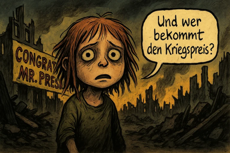 Ein verwahrlostes Mädchen steht allein in einer zerbombten Stadtlandschaft. Im Hintergrund ein Banner: 'CONGRATULATIONS, MR. PRESIDENT'. Ihre Sprechblase lautet: 'Und wer bekommt den Kriegspreis?'