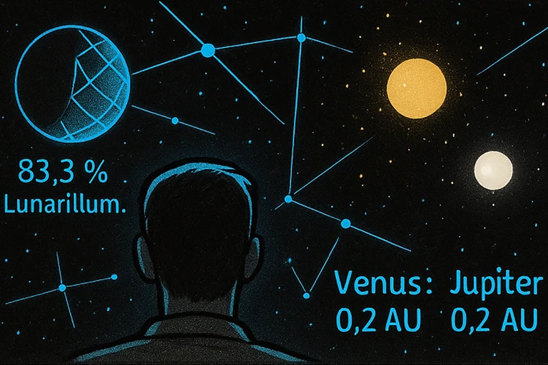 Der Himmel aus seiner Sicht: in vier Felder aufgeteilt, mit technischen Daten und blauen Linien. Beschriftungen wie '83,3 % Lunarillum.' und 'Jupiter: 0,2 AU'.