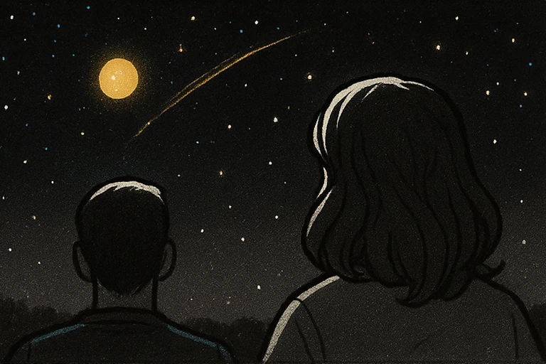 Der Himmel aus ihrer Sicht: warmes Leuchten, weiche goldene Linien, Venus, Jupiter und Sternschnuppen ohne Beschriftung. Alles wirkt lebendig.