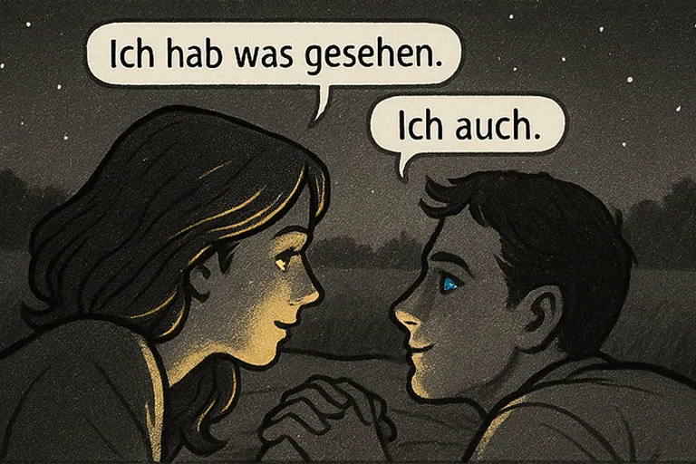 Die beiden liegen sich zugewandt auf der Decke. Sie halten sich an den Händen und lächeln. Er hat blau leuchtende Augen, sie goldene. Der Himmel ist ruhig.