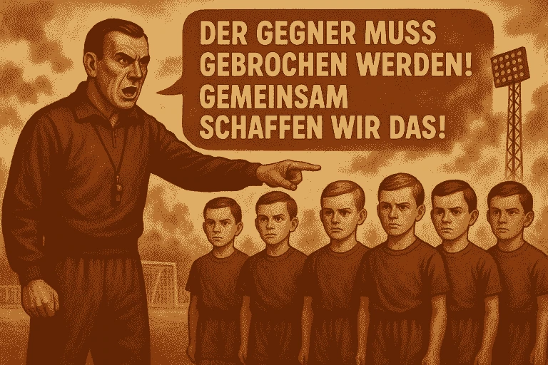 Jugendtraining. Der Trainer schreit eine Gruppe identisch gekleideter Jungen an und ruft: 'Der Gegner muss gebrochen werden! Gemeinsam schaffen wir das!'