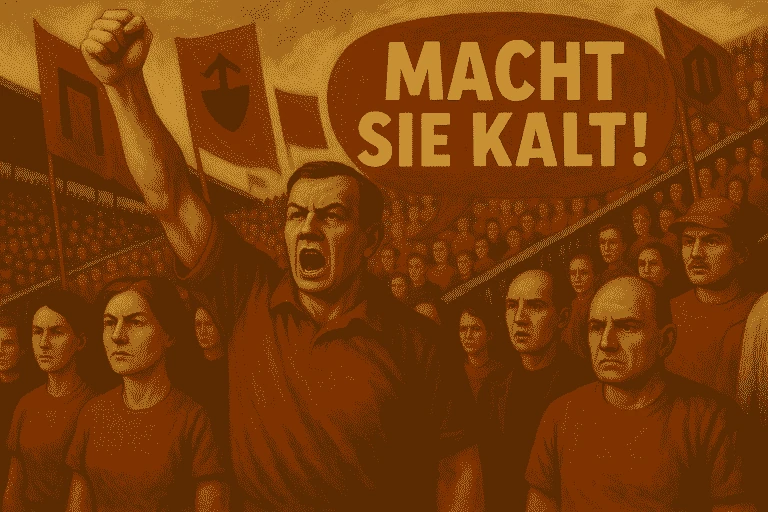 Fußballtribüne mit gröhlenden Eltern in identischen Farben. Einer ruft: 'Macht sie kalt!' Fahnen erinnern an Aufmärsche.