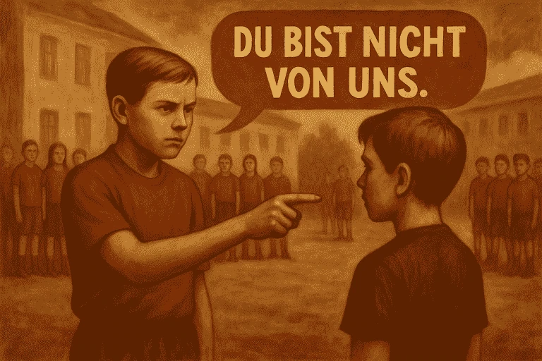 Ein Junge weist mit strengem Blick auf einen anderen und sagt: 'Du bist nicht von uns.' Im Hintergrund steht eine Gruppe in roter Kleidung.