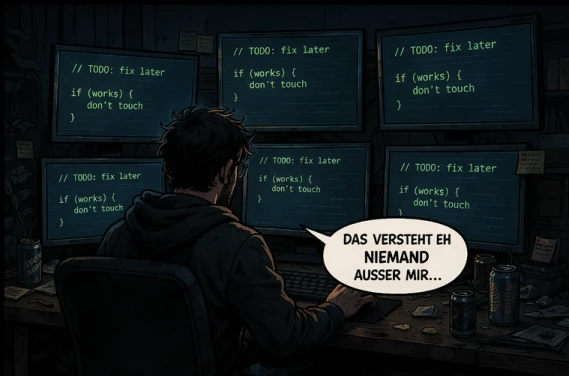 Ein Entwickler sitzt nachts vor sechs Monitoren voller identischem Code: 'if (works) { don't touch }'. Er sagt: 'Das versteht eh niemand außer mir…'