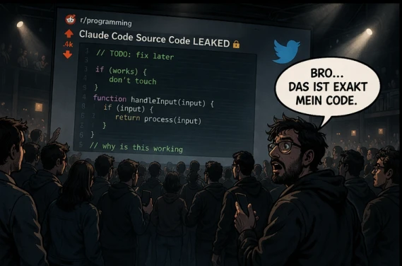 Eine große Bühne zeigt einen angeblichen Claude-Code-Leak mit genau dieser Struktur. Eine Menschenmenge starrt darauf. Ein Zuschauer sagt: 'Bro… das ist exakt mein Code.'