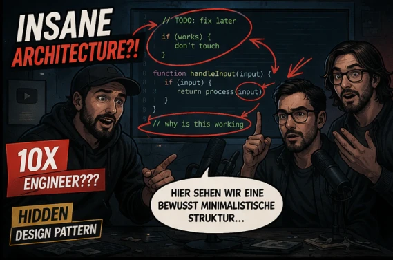 Drei Tech-Kommentatoren analysieren den geleakten Code wie ein Meisterwerk. Pfeile und Markierungen zeigen auf einfache Logik. Text: 'Insane Architecture?! 10x Engineer??? Hidden Design Pattern'. Einer sagt: 'Hier sehen wir eine bewusst minimalistische Struktur…'