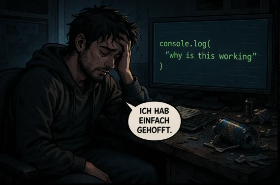 Der ursprüngliche Entwickler sitzt erschöpft vor seinem Rechner. Auf dem Bildschirm: 'console.log("why is this working")'. Er sagt: 'Ich hab einfach gehofft.'
