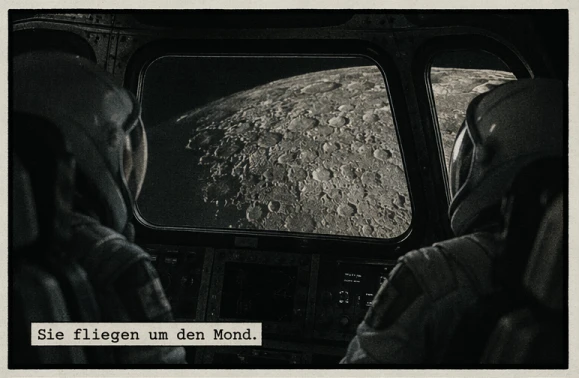 Zwei Astronauten sitzen im Cockpit eines Raumschiffs und blicken auf die zerklüftete Oberfläche des Mondes. Unten steht: ‚Sie fliegen um den Mond.‘