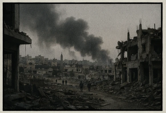 Zerstörte Stadtlandschaft. Rauch steigt aus Ruinen. Menschen gehen durch Trümmer. Kein Text.