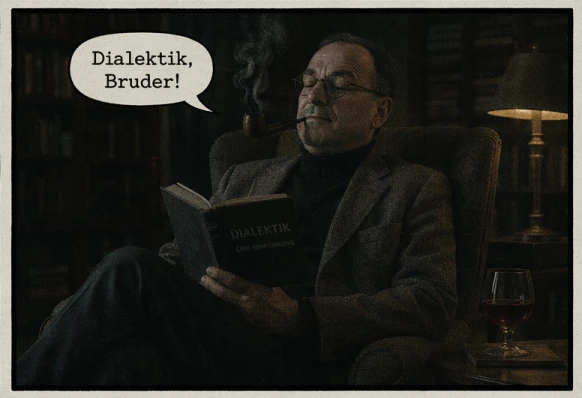 Ein älterer Mann sitzt entspannt im Sessel, liest ein Buch mit dem Titel ‚Dialektik‘ und sagt: ‚Dialektik, Bruder!‘