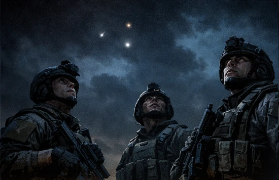 Drei Soldaten stehen nachts und schauen in den Himmel. Mehrere Lichtpunkte bewegen sich lautlos über ihnen.