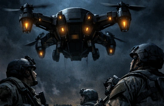 Ein schwerer Militär-Drone schwebt bedrohlich über den Soldaten, orange Lichter glühen im Dunkeln.
