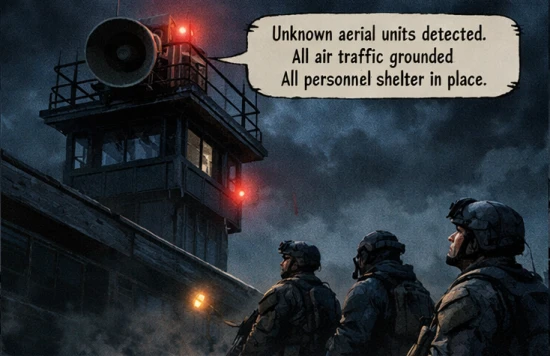 Ein Lautsprecher auf einem Tower verkündet: 'Unknown aerial units detected. All air traffic grounded. All personnel shelter in place.' Die Soldaten blicken nach oben.