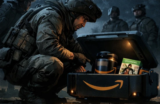 Ein Soldat öffnet eine schwarze Box mit Amazon-Logo. Darin: ein Paket, ein Becher, Konsumgüter. Warmes Licht im Inneren.
