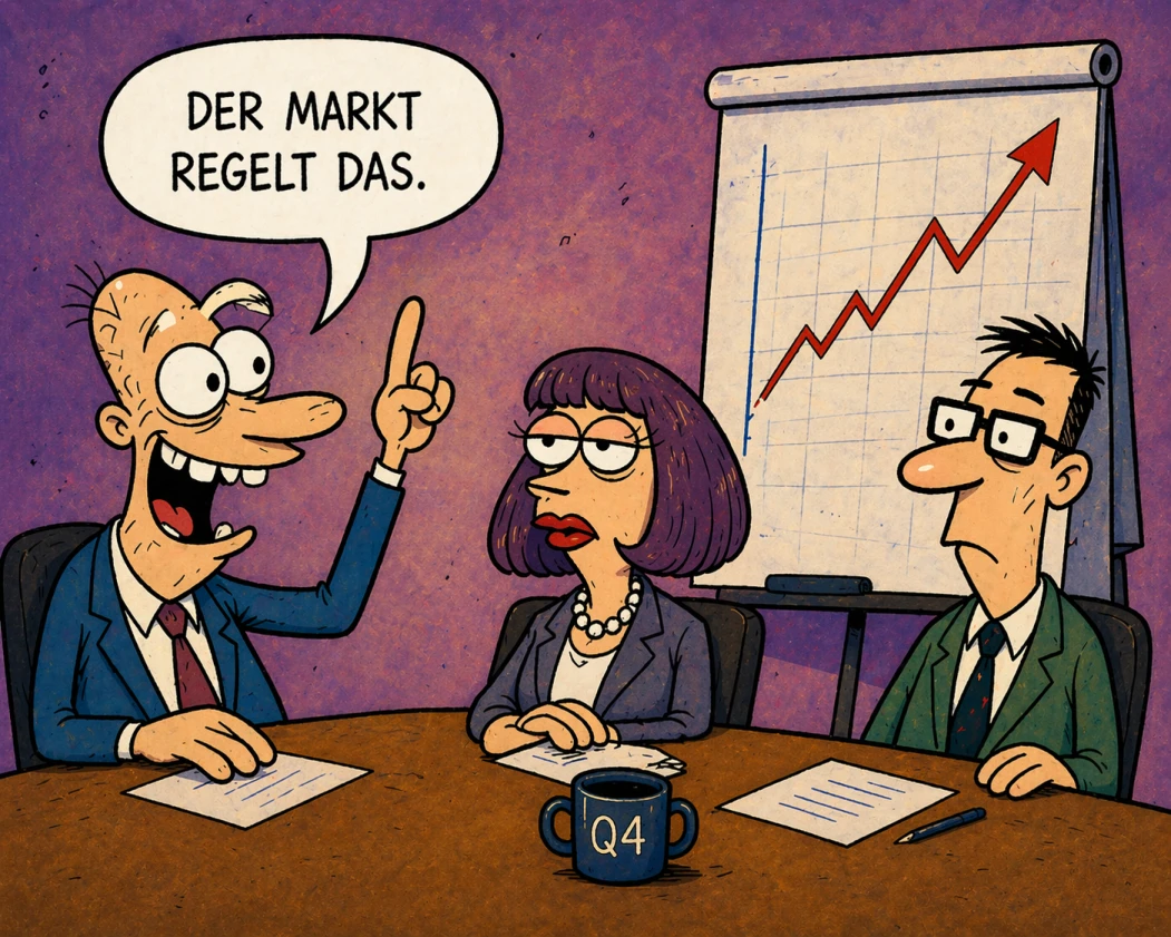Drei Personen sitzen in einem Meeting vor einem Flipchart mit steigender Kurve. Einer sagt: 'Der Markt regelt das.'