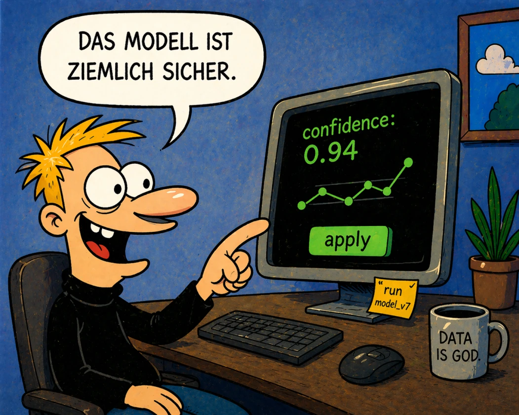 Ein Entwickler zeigt auf einen Bildschirm mit einer KI-Anzeige 'confidence 0.94' und sagt: 'Das Modell ist ziemlich sicher.'