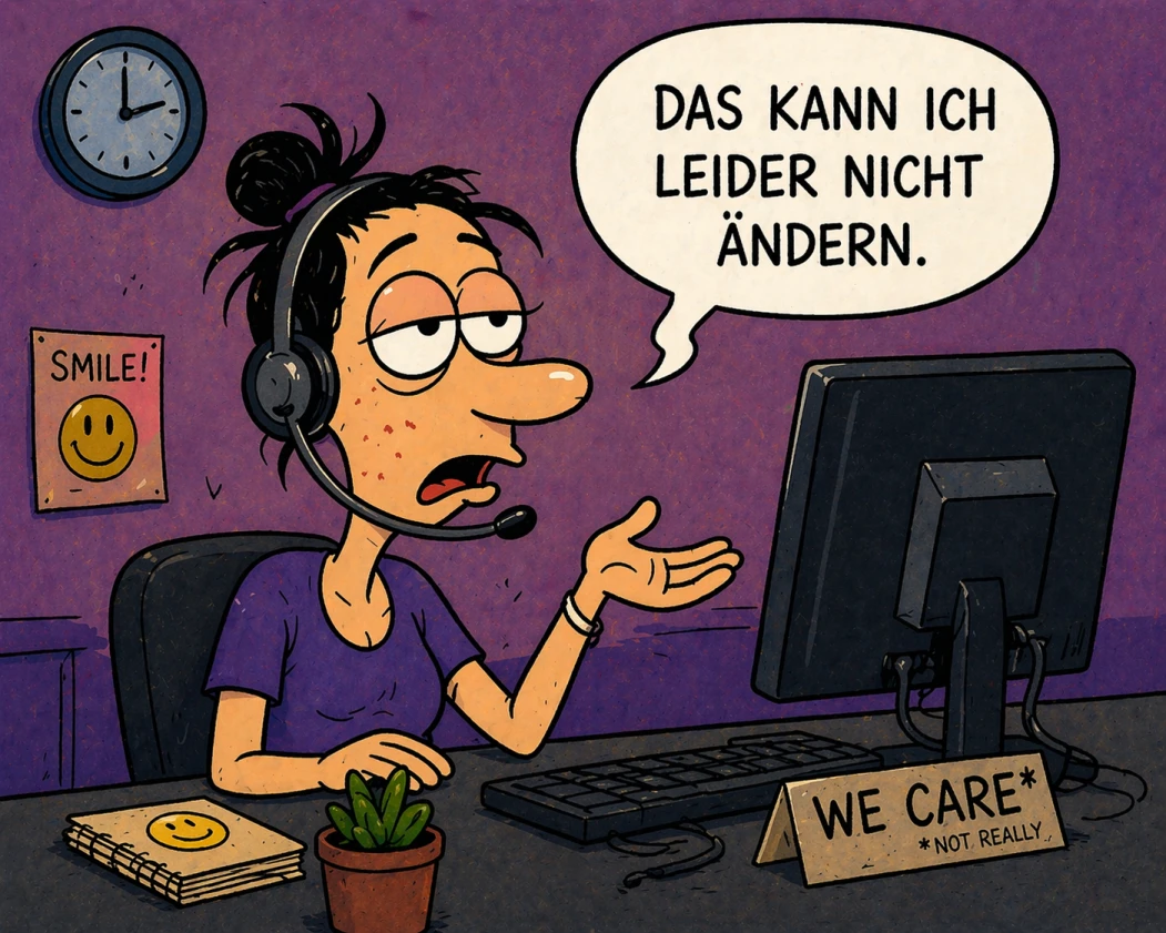 Eine genervte Support-Mitarbeiterin mit Headset sagt: 'Das kann ich leider nicht ändern.' Vor ihr steht ein Schild 'We care – not really'.