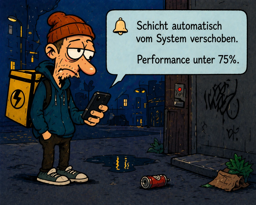 Ein erschöpfter Lieferfahrer steht nachts auf der Straße und schaut auf sein Handy. Eine Nachricht zeigt: 'Schicht automatisch vom System verschoben. Performance unter 75%.'