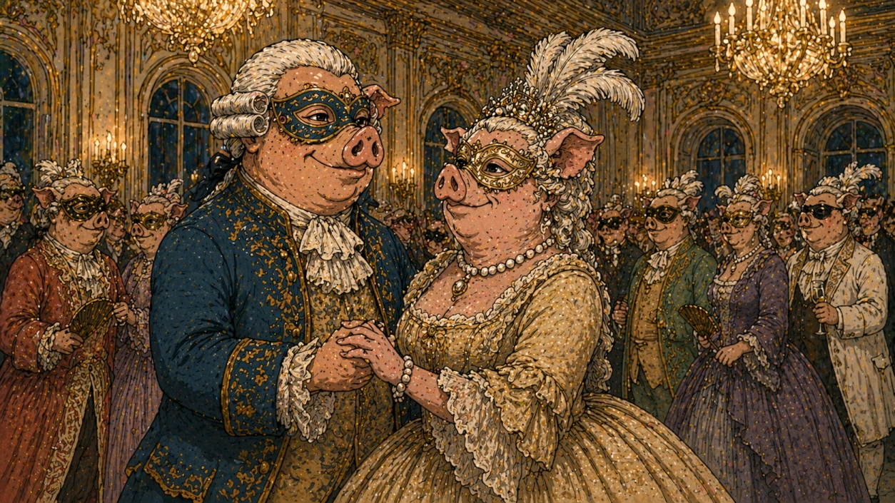 Ein historischer Maskenball mit aufwendig verkleideten Gästen unter Kronleuchtern