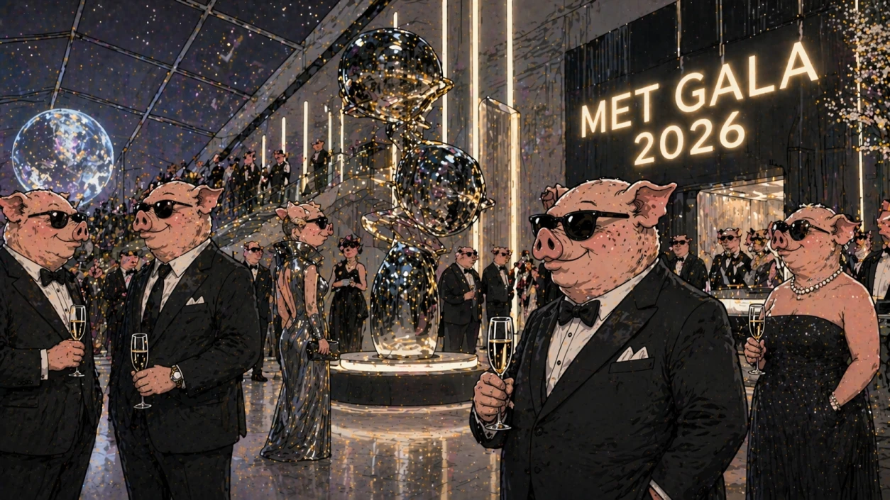 Innenraum einer futuristischen Gala mit der leuchtenden Beschriftung MET Gala 2026 und elegant gekleideten Gästen ohne Masken