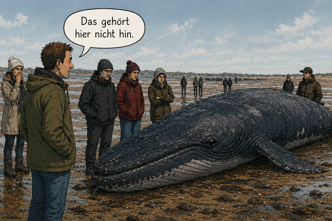 Ein gestrandeter Wal liegt auf einer Sandbank, während Touristen irritiert danebenstehen. Ein Mann sagt: Das gehört hier nicht hin.