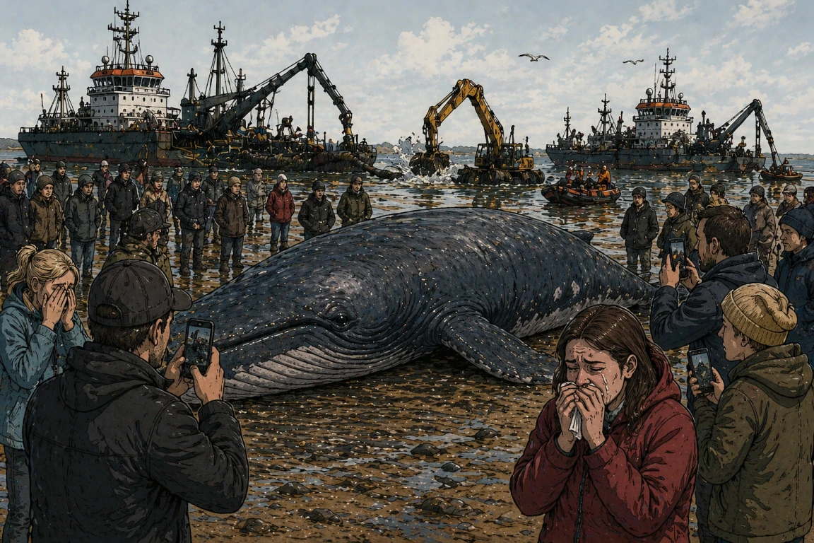 Der gestrandete Wal liegt zwischen Menschen, Kameras, Tränen und schweren Baggerbooten am Strand.