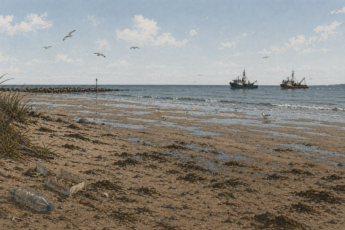 Der Strand ist wieder leer, nur Müll, Meer und zwei kleine Fischereiboote am Horizont bleiben sichtbar.